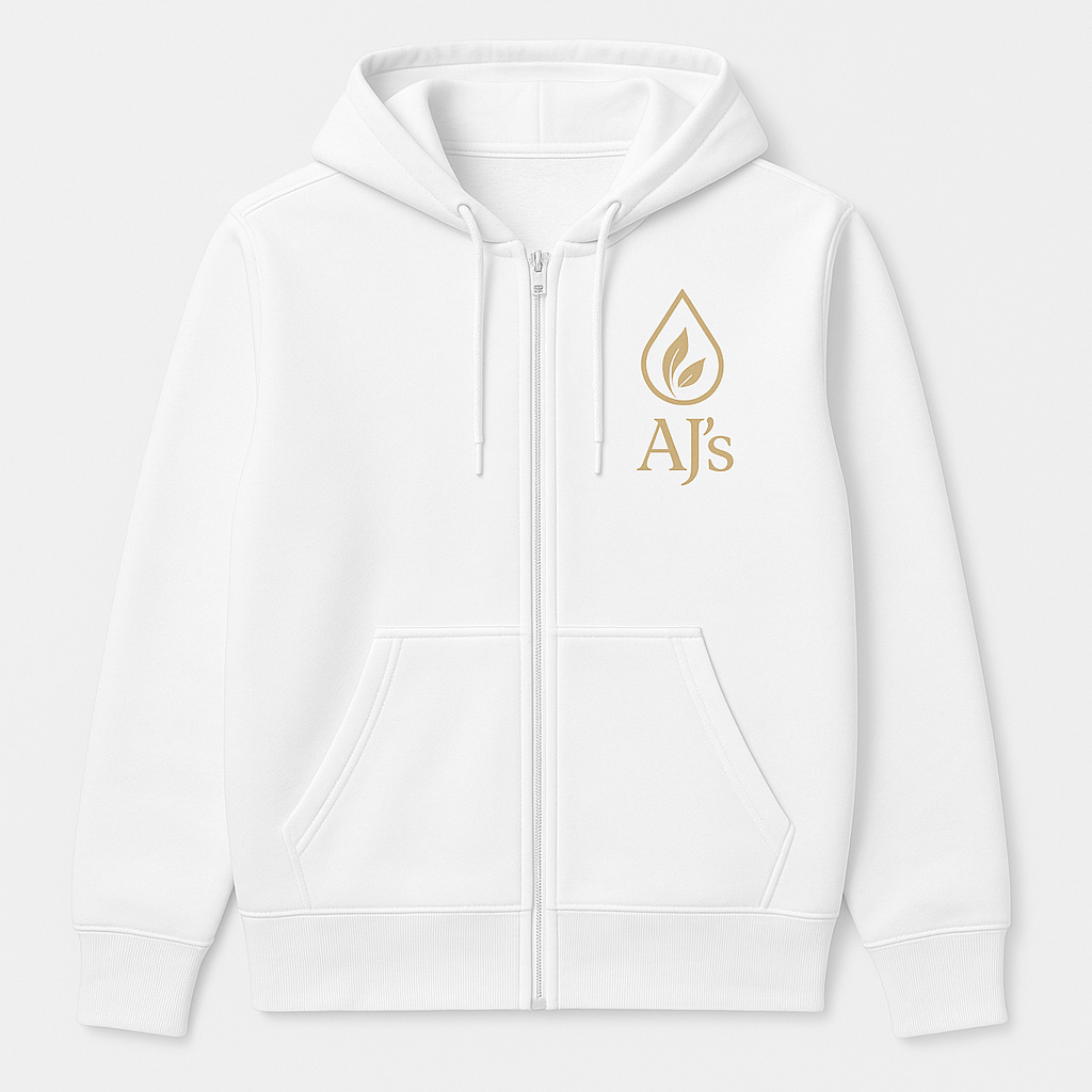 White unisex zip hoodie with AJ’s EO Infusions gold leaf logo on the front right chest and Effortless Beauty™ tagline on the back.