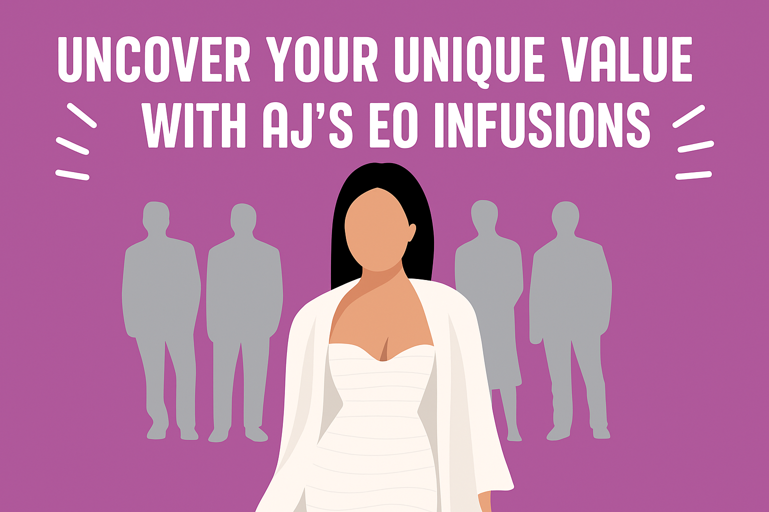 Confident woman standing out from the crowd with the message 'Uncover Your Unique Value with AJ’s EO Infusions'—empowering wellness and self-worth through the Glow Ritual Course by Jenice Story.